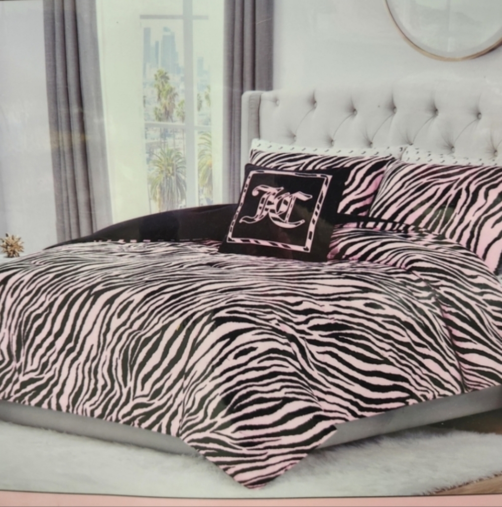 Juicy Couture KING Zebra Print Pink and Black Bedding Set